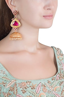 Gold Polish Ruby Stones Jhumka Earrings