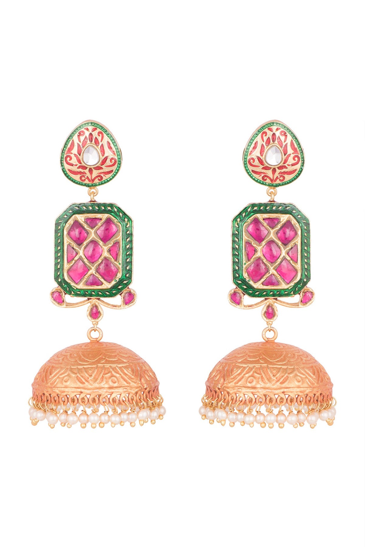 Gold Finish Ruby & Emerald Jhumka Earrings