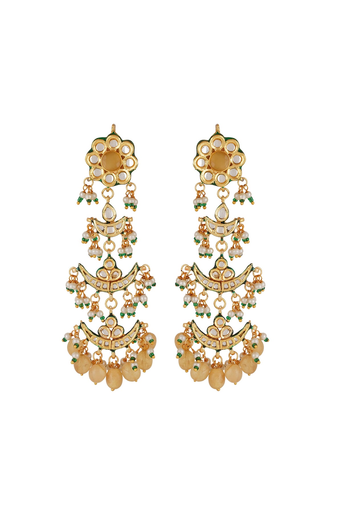 Gold Finish Yellow Kundan Polki Dangler Earrings