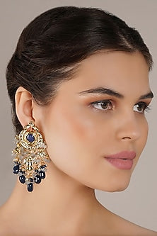 Gold Finish Blue Kundan Polki Dangler Earrings