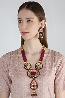 Gold Finish Red Stone Long Necklace Set