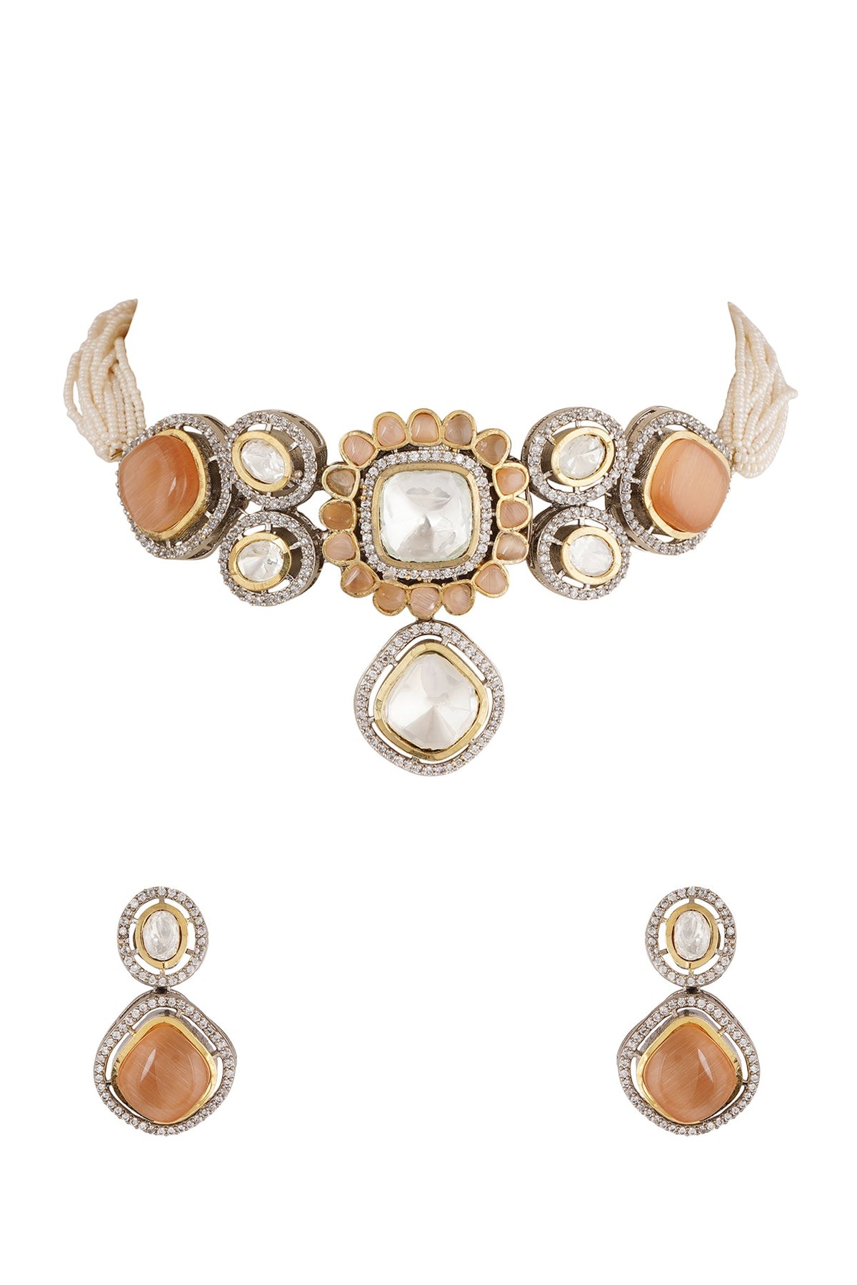 Gold Finish Pearl & Kundan Polki Choker Necklace Set