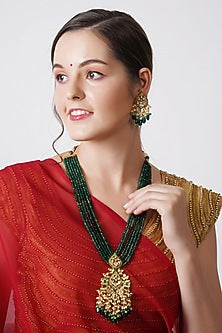 Gold Finish Long Necklace Set With Kundan Polki