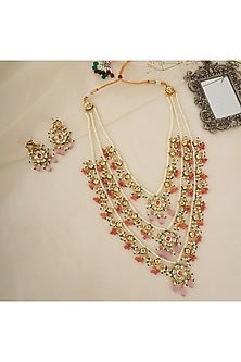 Gold Finish Kundan Polki & Pink Stone Long Necklace Set