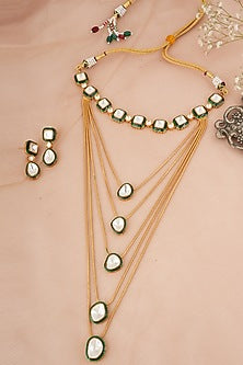 Gold Finish Kundan Polki & Green Stone Long Necklace Set