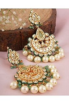Gold Finish Kundan Polki & Green Stone Chandbali Earrings
