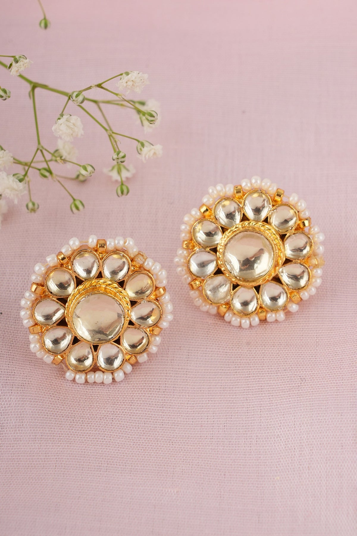 Gold Finish Kundan Polki Stud Earrings