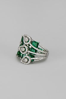 White Rhodium Finish Diamond & Emerald Adjustable Ring