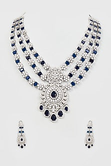 White Finish American Diamond & Blue Stone Necklace Set
