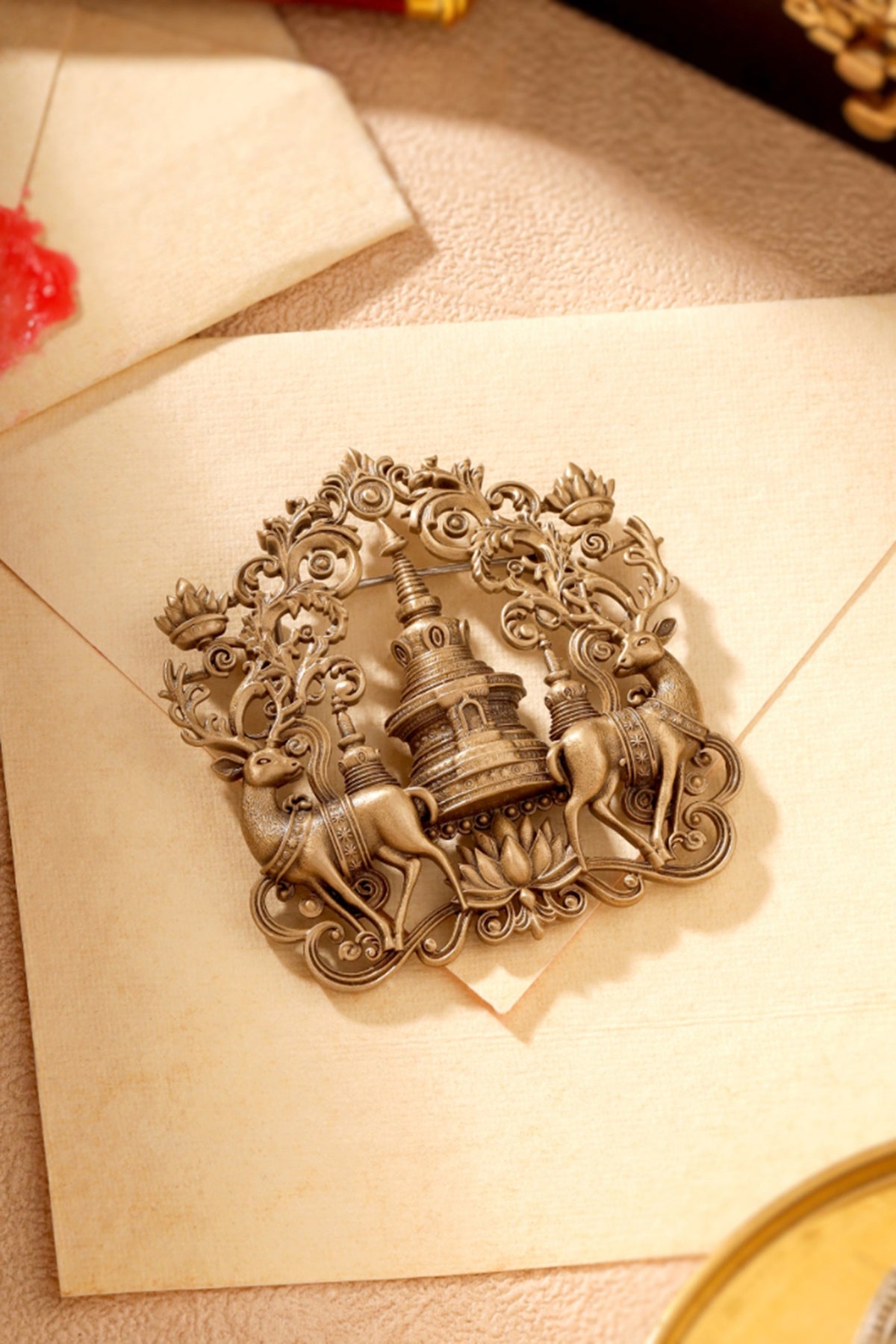 Antique Gold Temple Guardian Brooch