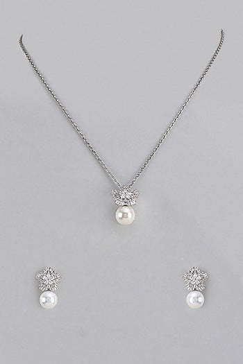 White Gold Plated Austrian Crystal & Pearl Pendant Necklace Set