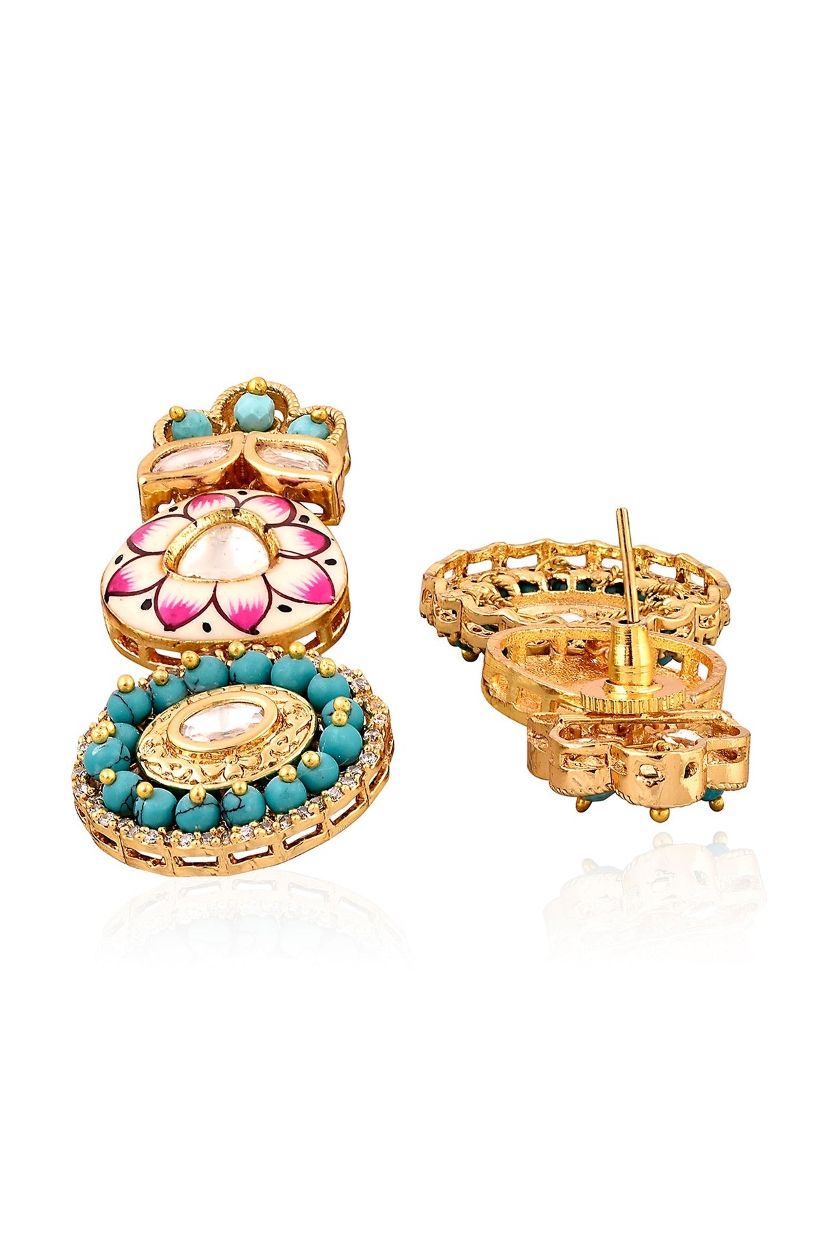 Gold Plated Kundan Polki Enamelled Dangler Earrings