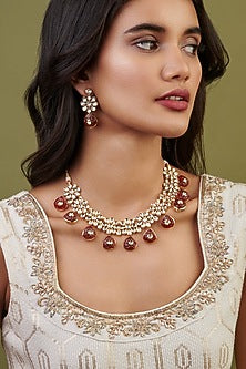 Gold Plated Kundan Polki & Red Carved Stone Necklace Set