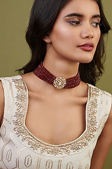 Gold Plated Kundan Polki & Red Stone Choker Necklace