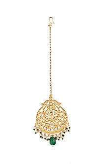 Gold Plated Kundan Polki & Green Drop Maangtikka