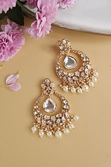 Gold Finish Kundan Polki & Shell Pearl Chandbali Earrings