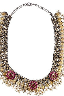 Two-Tone Finish Pink Semi-Precious Stone & Pearl Choker Necklace