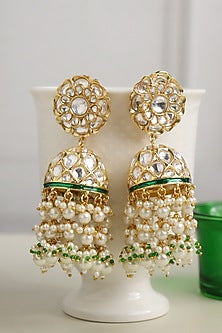 Gold Plated Kundan Polki & Pearl Floral Jhumka Earrings
