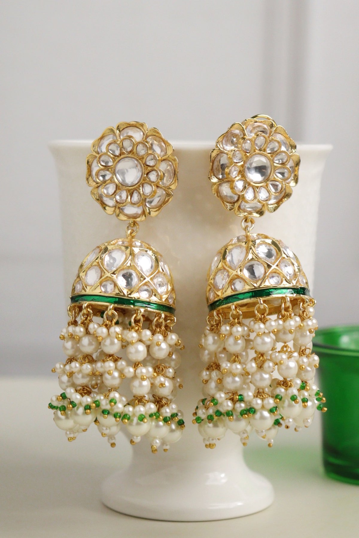 Gold Plated Kundan Polki & Pearl Floral Jhumka Earrings
