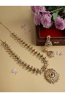 Gold Finish Navratna Stone & Shell Pearl Necklace Set