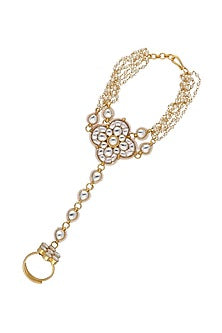 Gold Finish Kundan Polki & Shell Pearl Floral Hathphool