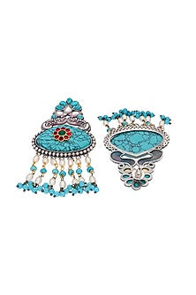 Two-Tone Finish Turquoise Semi-Precious Stone & Pearl Dangler Earrings