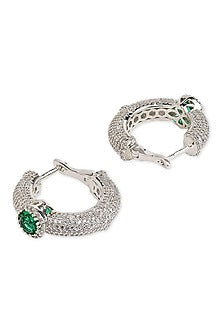 White Rhodium Finish Emerald Stone & Cubic Zirconia Hoop Earrings