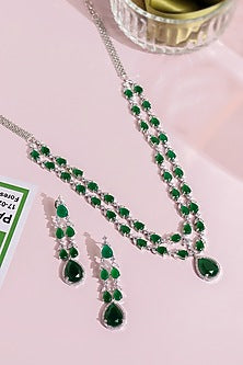 White Rhodium Finish Emerald & Cubic Zirconia Necklace Set