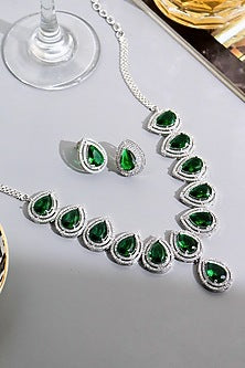 White Rhodium Finish Green Cubic Zirconia Necklace Set