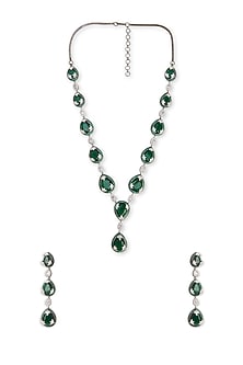 White Rhodium Finish Emerald Drop & Cubic Zirconia Necklace Set