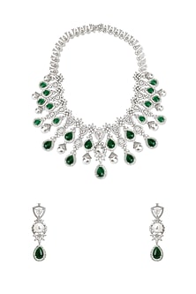 White Rhodium Finish Emerald Stone & Cubic Zirconia Necklace Set