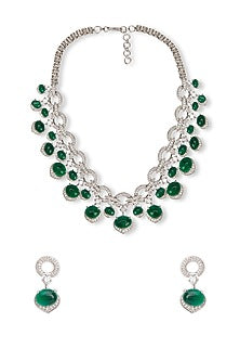White Rhodium Finish Emerald Drop & Cubic Zirconia Necklace Set