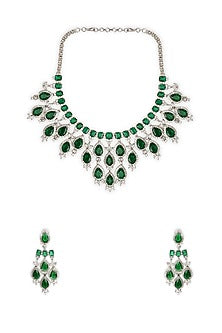 White Rhodium Finish Green Cubic Zirconia Necklace Set