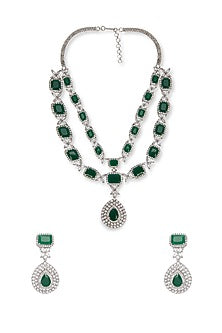 White Rhodium Finish Green Cubic Zirconia Necklace Set