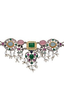 Two-Tone Finish Green Semi- Precious Stone Rangoli Rain Necklace Set