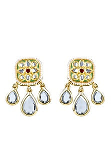 Gold Finish Kundan Polki Enameled Stud Earrings