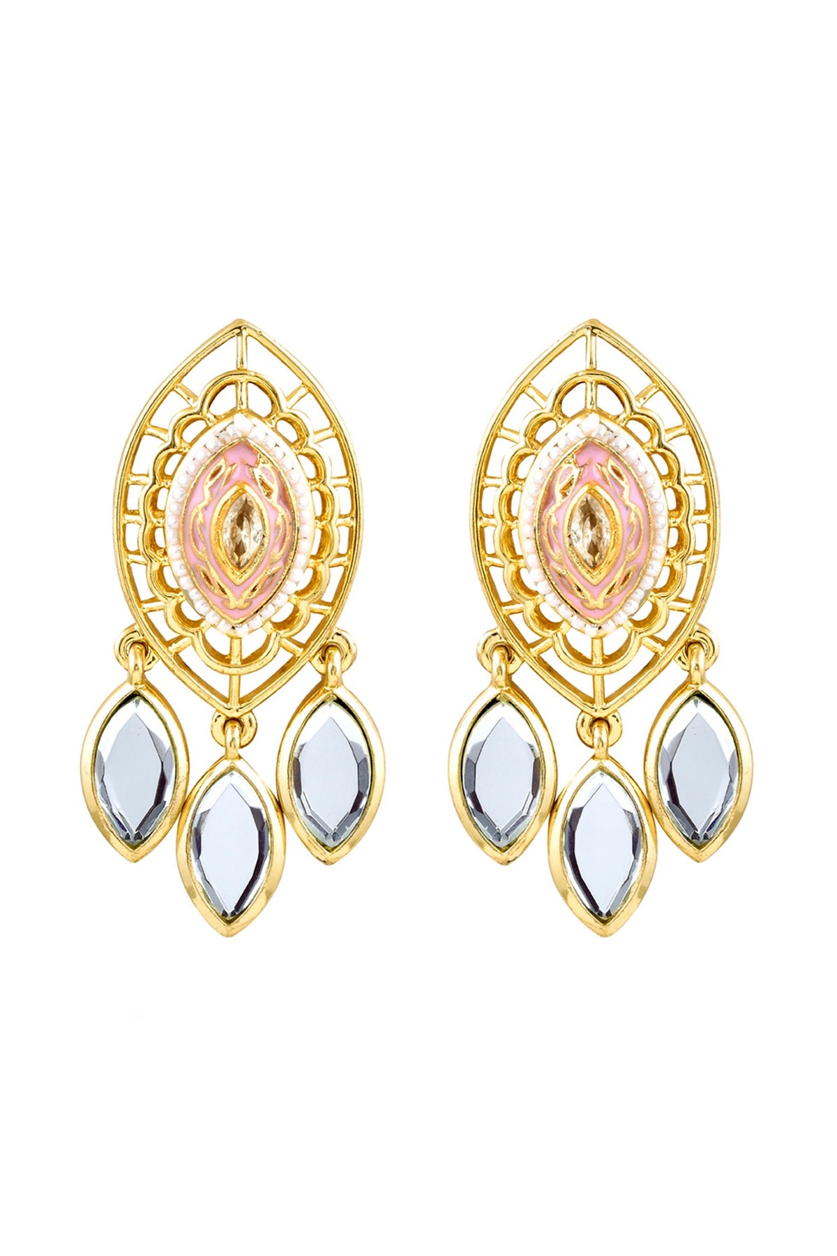 Gold Finish Mirror & Pearl Enameled Stud Earrings