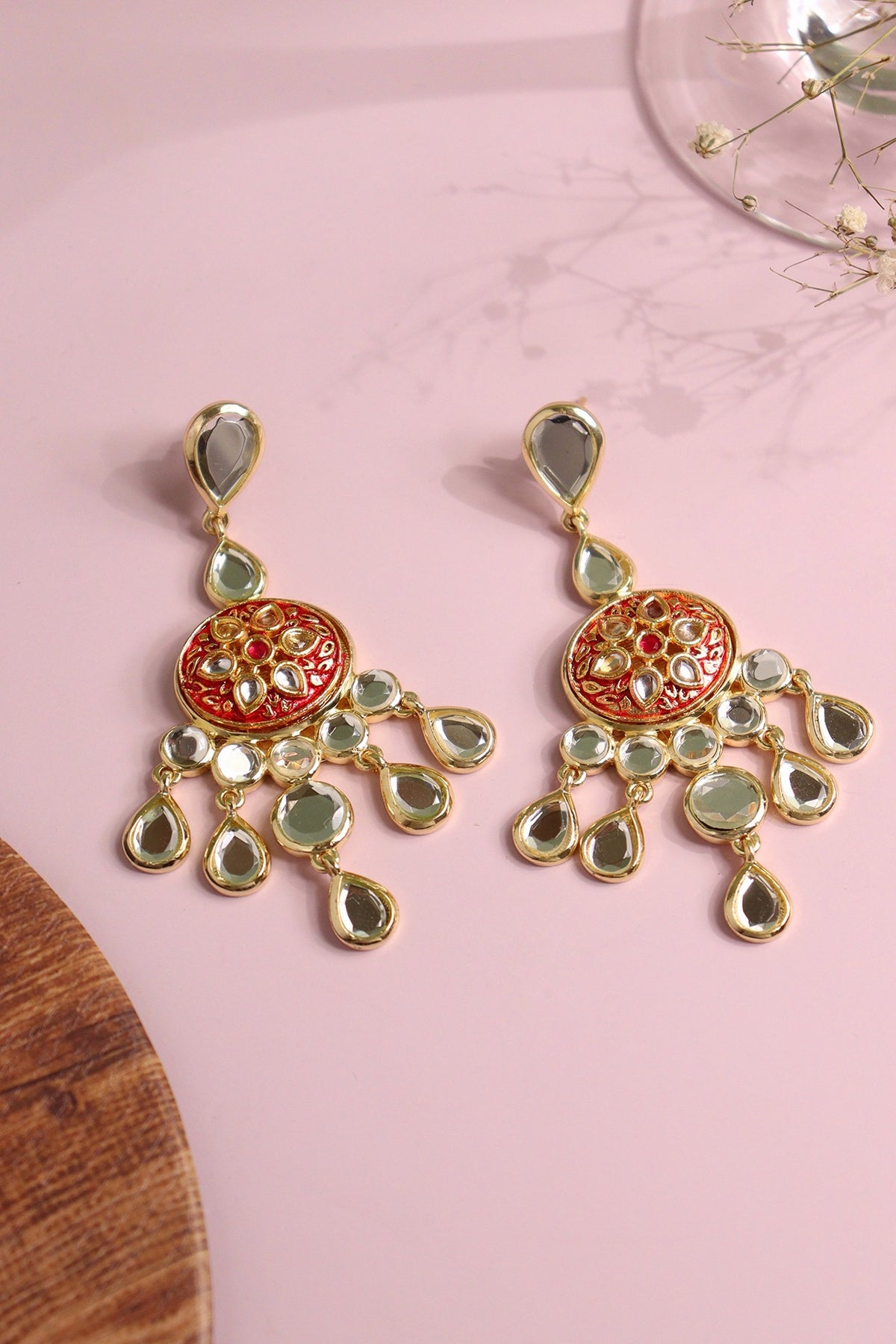 Gold Finish Mirror Enameled Dangler Earrings