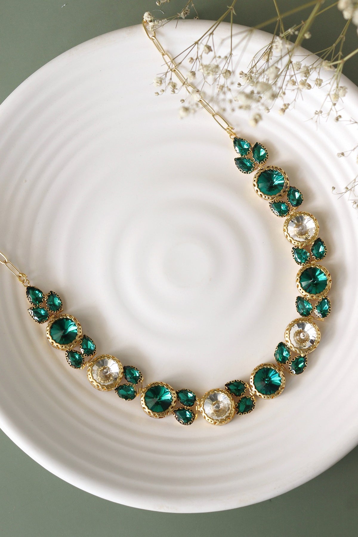 Gold Finish Green Crystal Choker Necklace Set