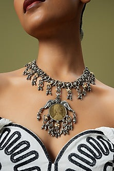 Two Tone Finish Beaded Coin Pendant Necklace