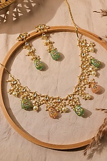 Gold Plated Pastel Droplet & Semi-Precious Stone Necklace Set