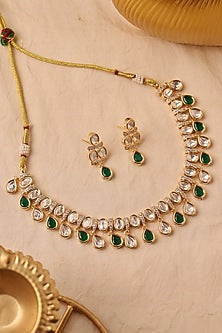 Gold Plated Green Droplet & Semi-Precious Stone Necklace Set