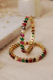 Gold Plated Navratna Stone Bangles (Set Of 2)