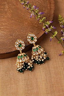 Gold Plated Emerald Green Stone & Kundan Polki Jhumka Earrings