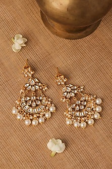 Gold Plated Kundan Polki & Pearl Chandbali Earrings