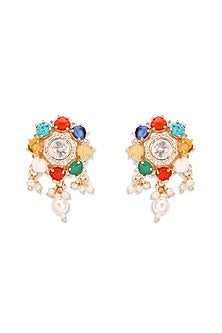 Gold Plated Navratna Stone Floral Stud Earrings
