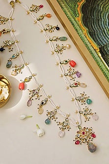Gold Plated Navratna Stone & Pearl Drop Necklace