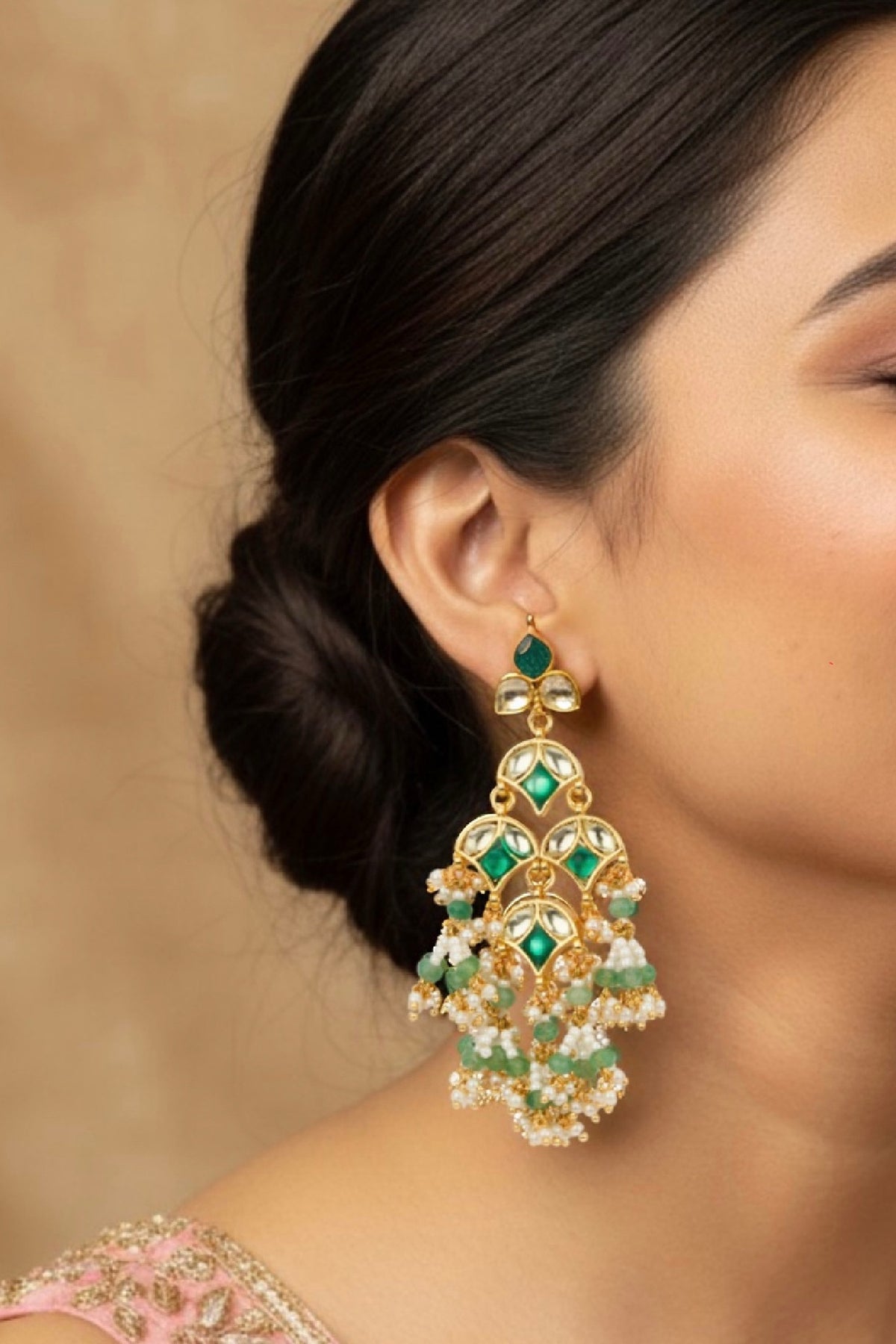Gold Plated Green Kundan Polki Dangler Earrings