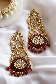 Gold Finish Red Semi Precious Stone Chandbali Bridal Earrings