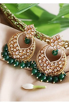 Gold Finish Emerald Green Beaded Chandabali Bridal Earrings